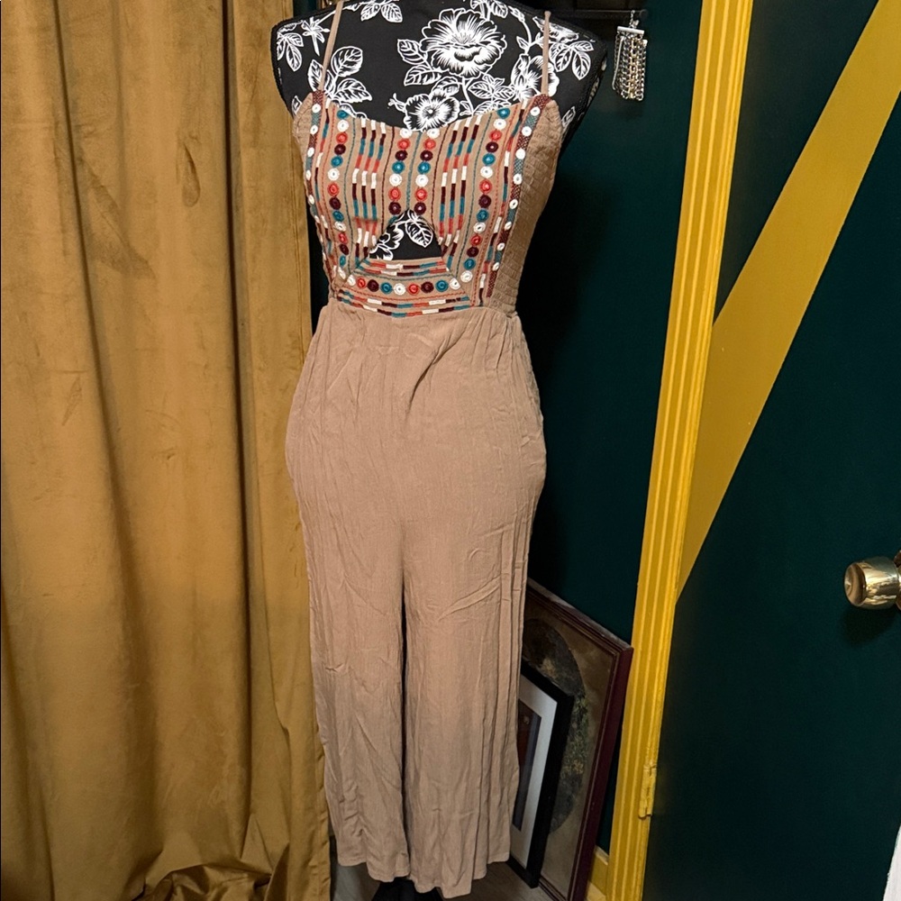 Elegant Tan Jumpsuit with Colorful Embellishments